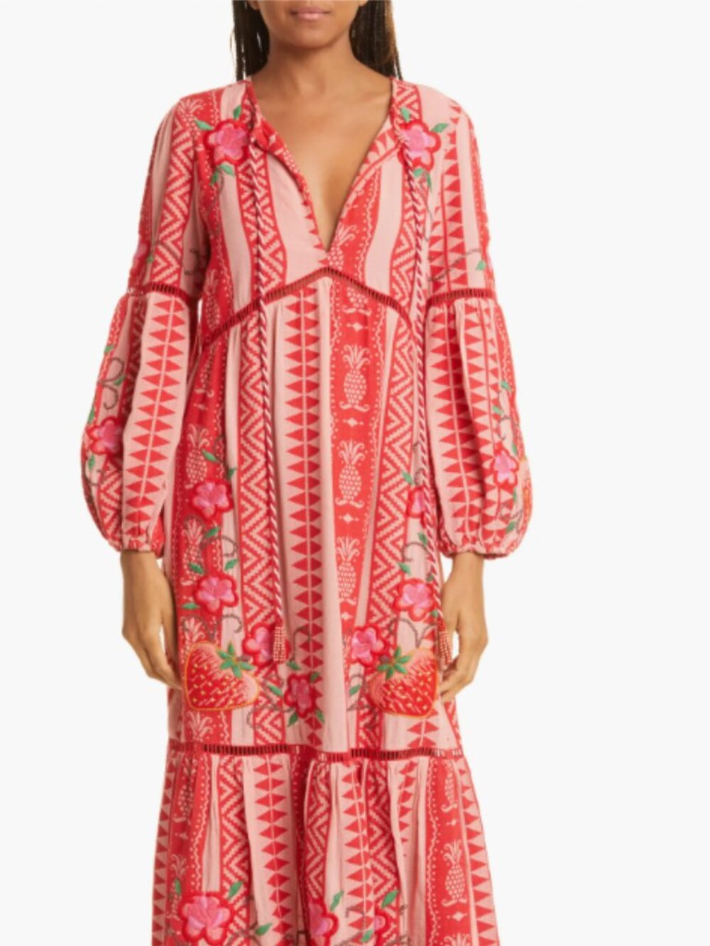 Farm Rio Embroidered Long Sleeve Tiered Cotton Maxi Dress NWT Sz M - Picture 2 of 11